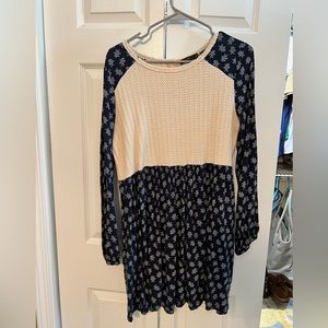 THML Mixed Media Babydoll Knit Floral Blue & Cream Long Sleeve Mini Dress